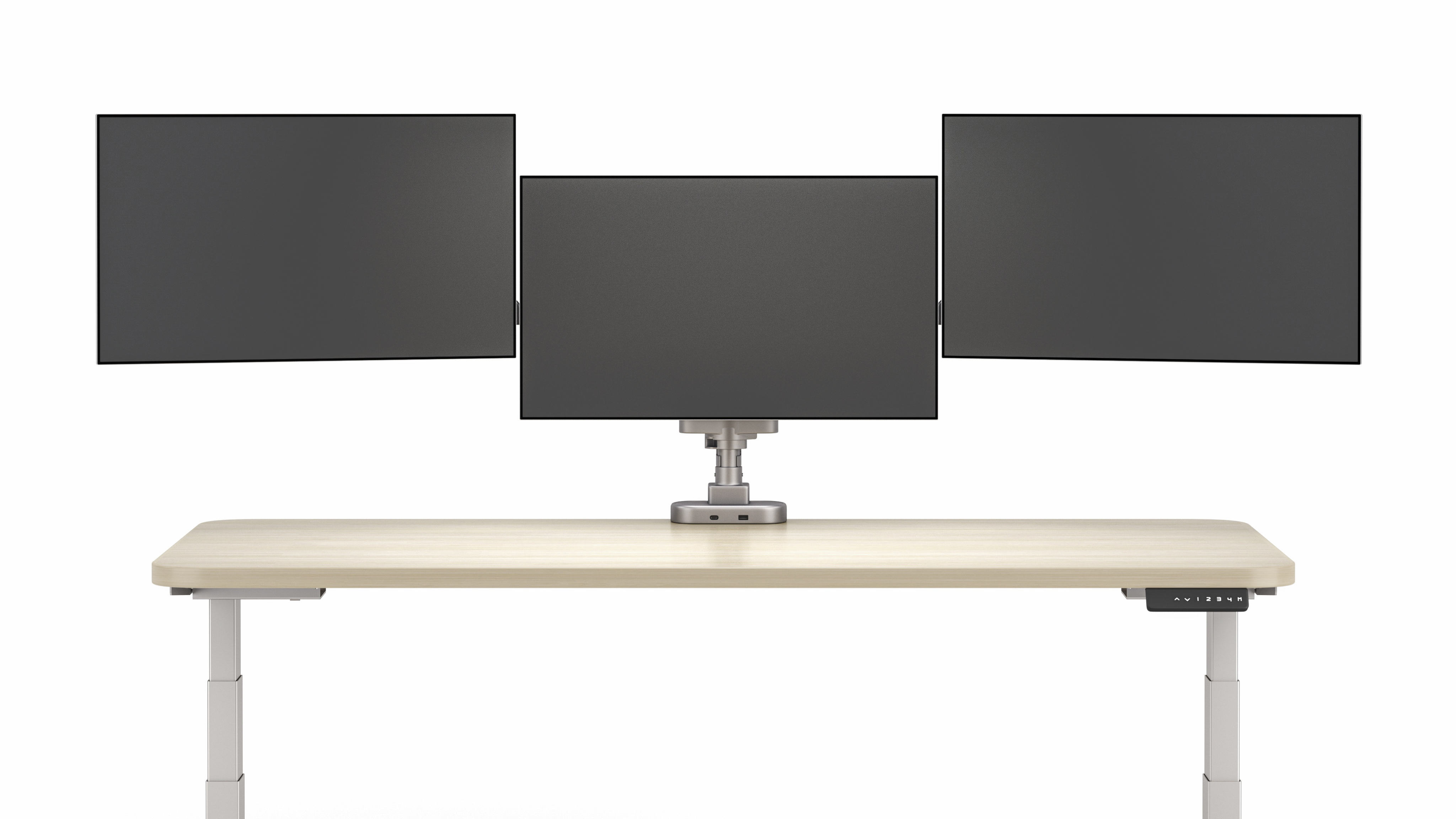 Performance Series Monitor Arms, triple, silver finish, front view