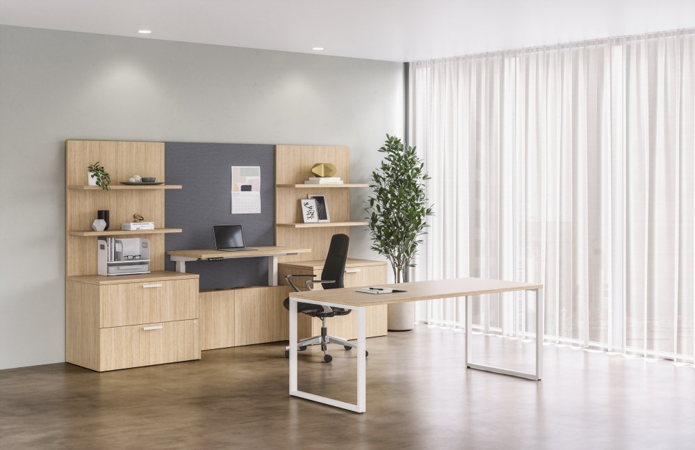 Calibrate private office with cantilevered height adjustable desk